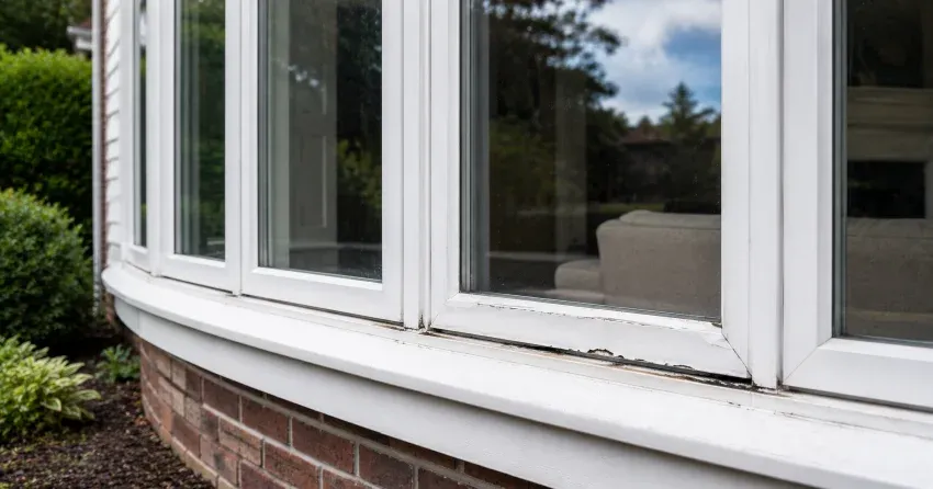technician inspecting bow window frame and seal for damage in Nobleton