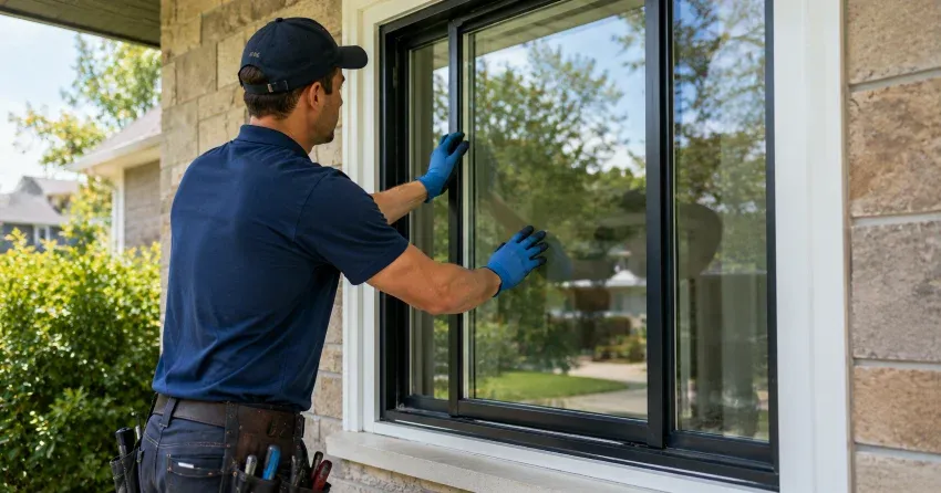 technician measuring a broken window pane for replacement in Nobleton South, Nobleton