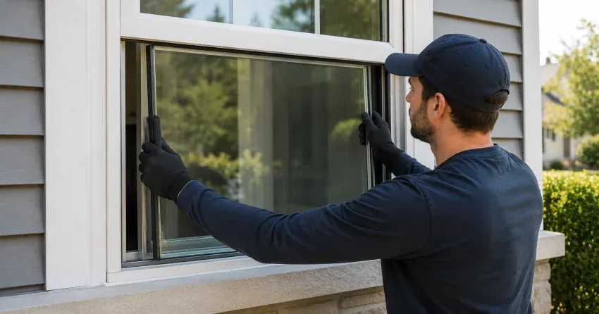 technician boarding up broken window during emergency glass repair King Country Estates, Nobleton