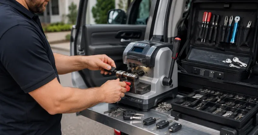 technician cutting a replacement car door lock key in Nobleton