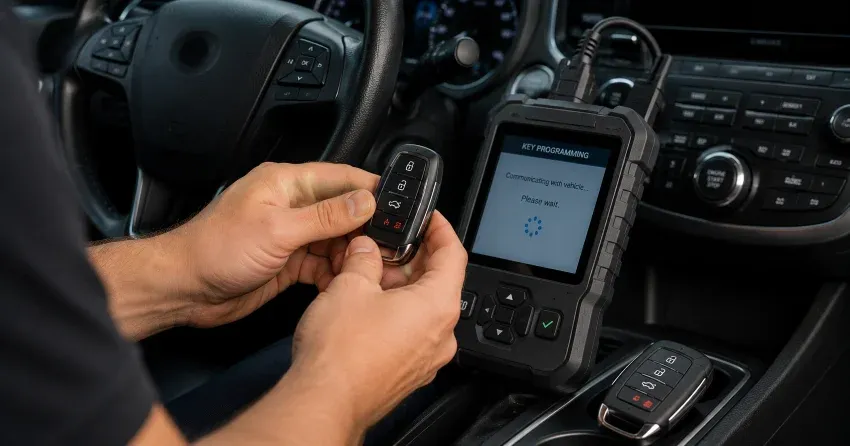 technician inspecting a worn car key before replacement in Nobleton