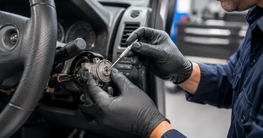 technician diagnosing an ignition lock repair issue in Nobleton North, Nobleton
