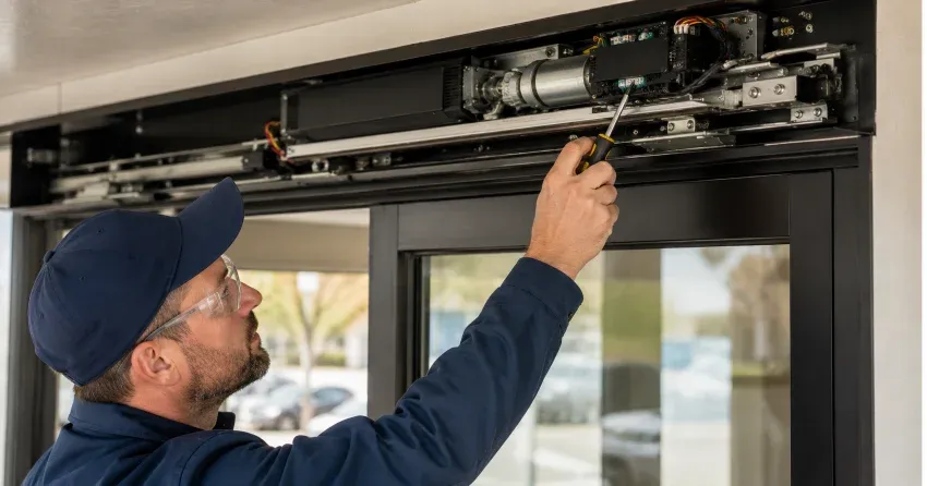 technician completing automatic door repair on residential property in Nobleton