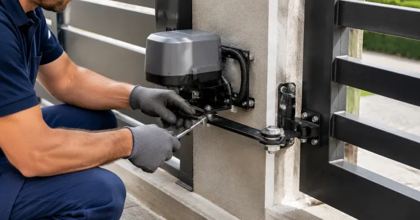 technician diagnosing automatic gate motor and control panel in Nobleton