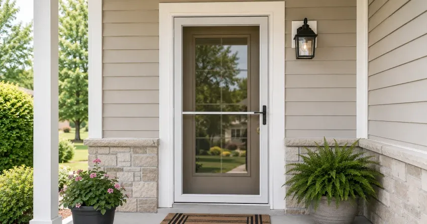 technician hanging storm door square and plumb in Nobleton North, Nobleton