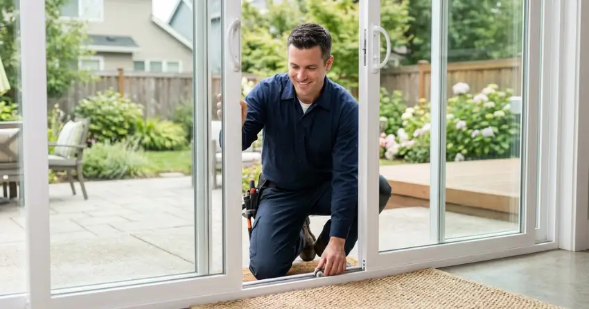 technician diagnosing a sticking patio door in Nobleton