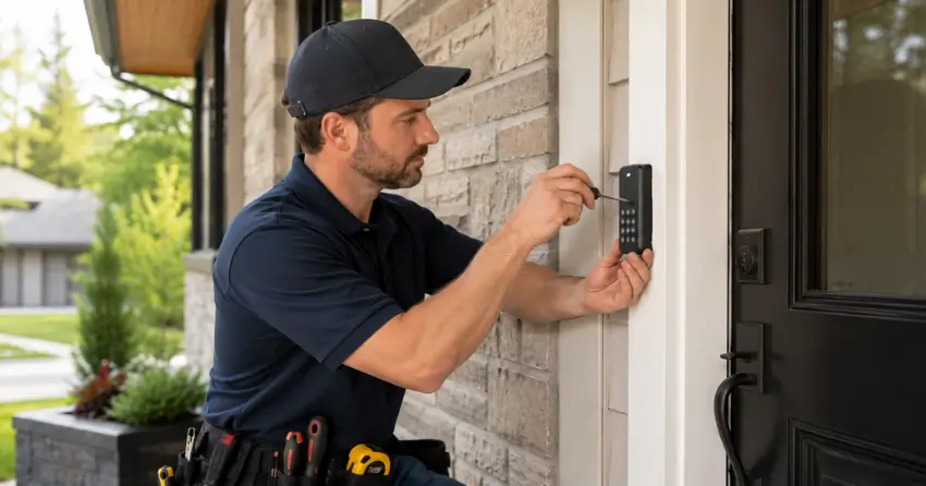 Technician installing an access control system keypad beside a residential front door in Nobleton
