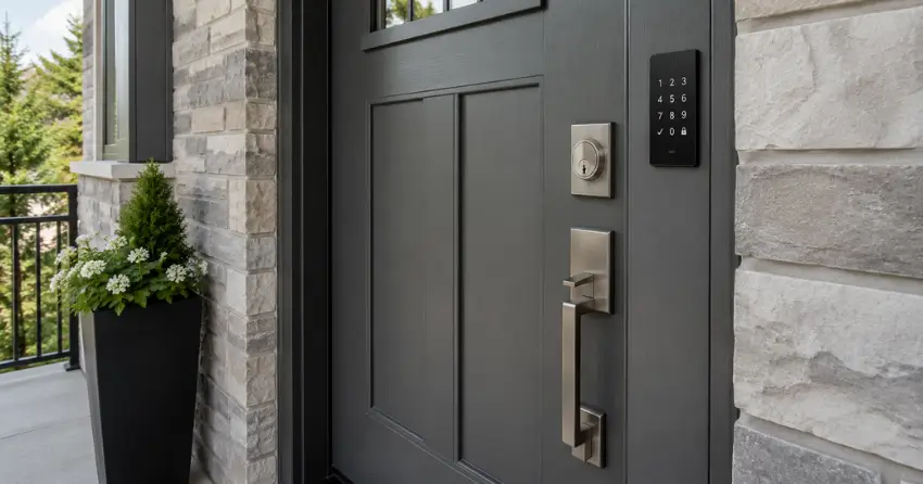 High-security door hardware and access control keypad installed on a residential entry door in Nobleton