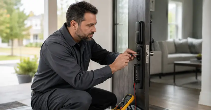 technician diagnosing automatic door lock mechanism on residential door in Nobleton
