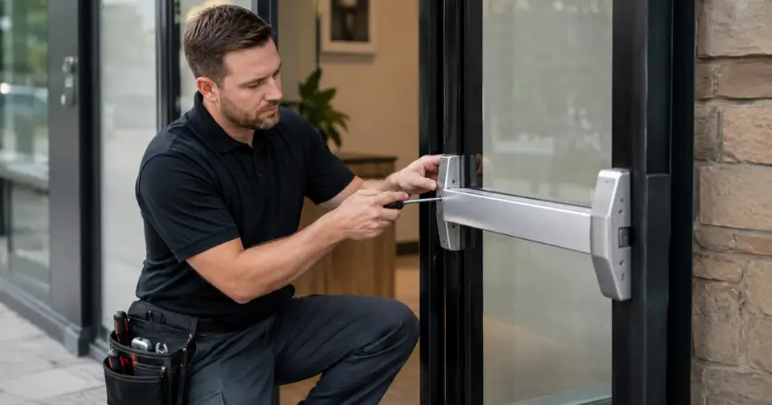 commercial locksmith repairing exit device on storefront door Nobleton