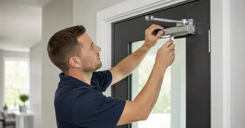 technician adjusting door closer hydraulic valve in Nobleton home