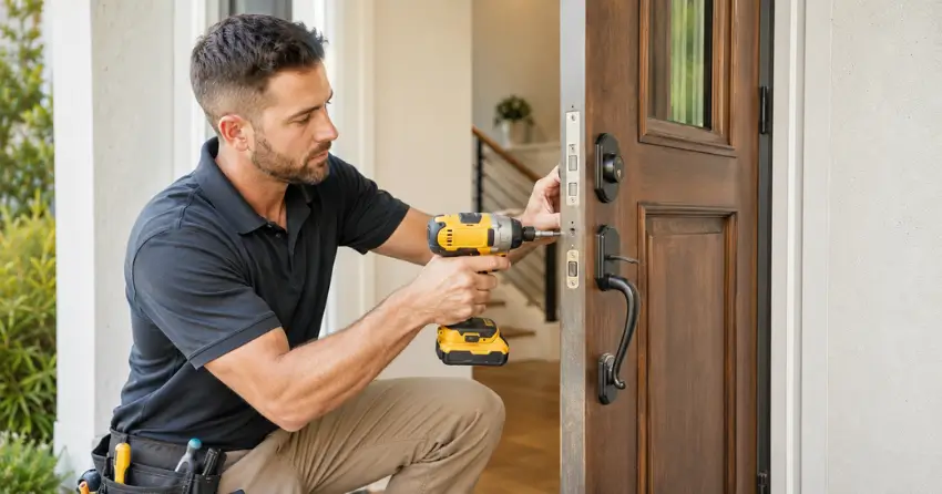 locksmith installing new deadbolt lock on front door in Nobleton