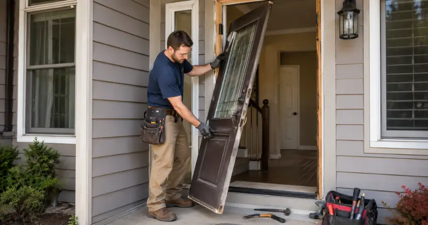 old exterior door being removed for replacement in Nobleton North, Nobleton