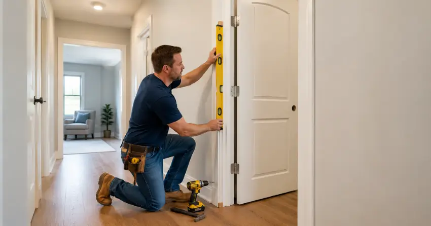 technician installing a pre-hung interior door in a home hallway Nobleton North, Nobleton