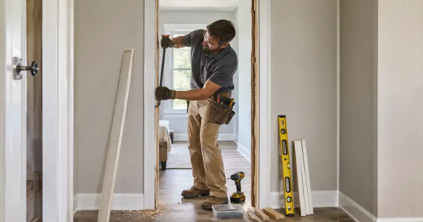 technician removing an old interior door frame during installation Nobleton North, Nobleton