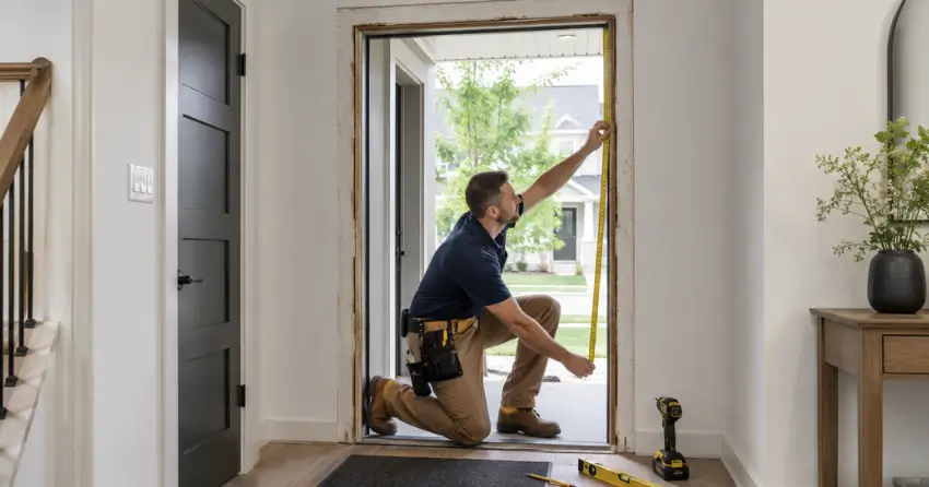 technician measuring a door frame before new door installation in Nobleton