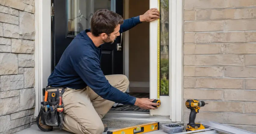 technician measuring door frame before storm door install in Nobleton North, Nobleton