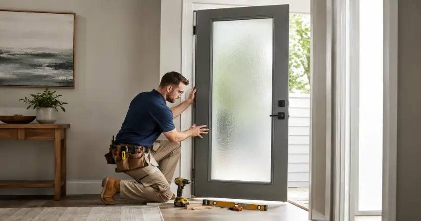 glass panel door installation with frosted privacy glass in residential setting in Nobleton