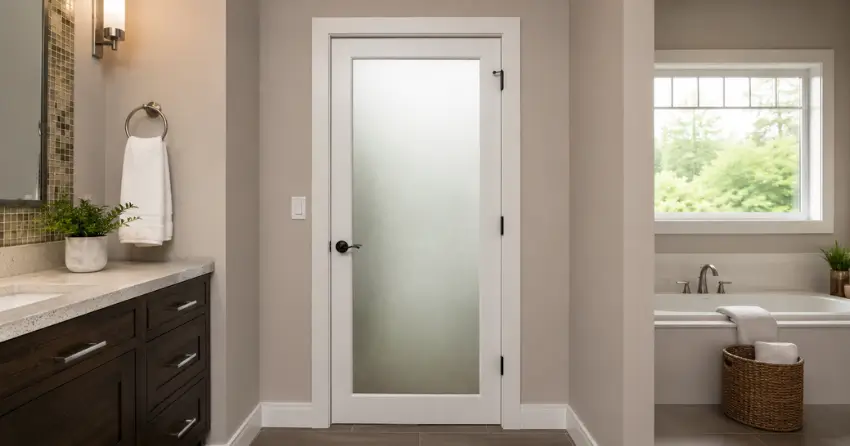 frosted glass panel bathroom door installed in a Nobleton home