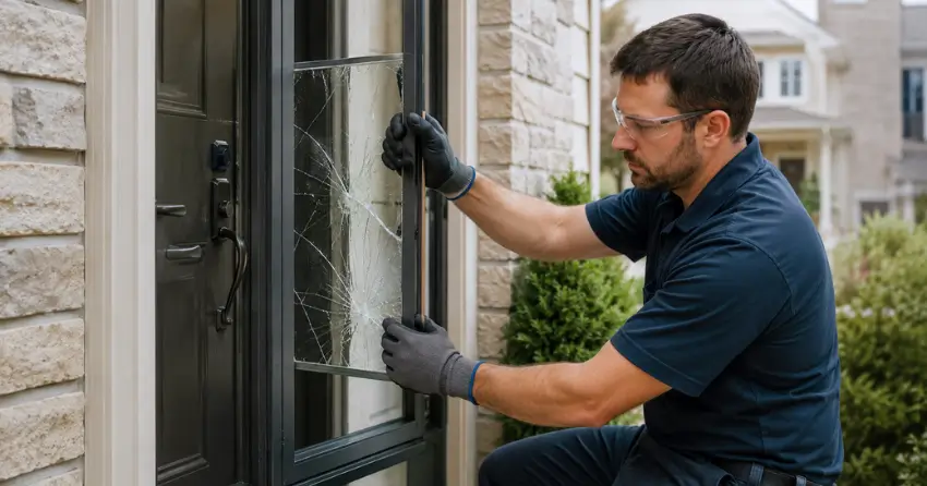 technician removing cracked storm door glass panel in Nobleton South, Nobleton