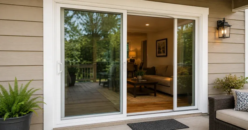 Patio Door Installation technician setting a new frame in Nobleton