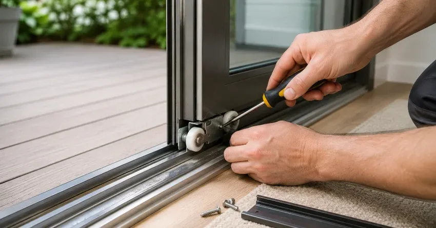 sliding door fix Nobleton technician diagnosing track issue