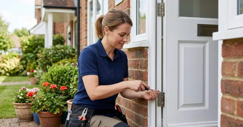 technician repairing exterior door hinge and frame in King Country Estates, Nobleton