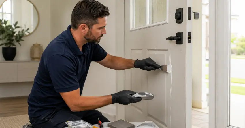 technician repairing fiberglass door surface crack in Nobleton North, Nobleton