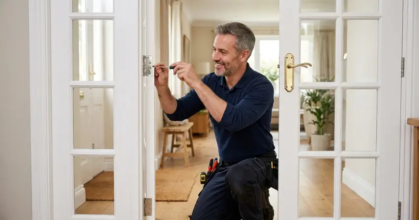 technician adjusting French door hinge for proper alignment in Nobleton