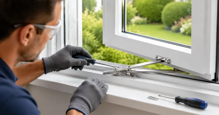 automatic door technician inspecting sensor and control panel in Nobleton North, Nobleton