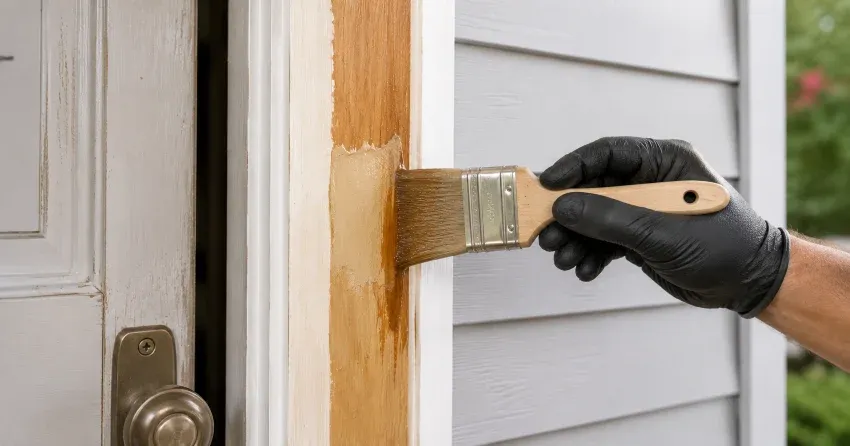 technician probing rotted wood on a door frame in Nobleton
