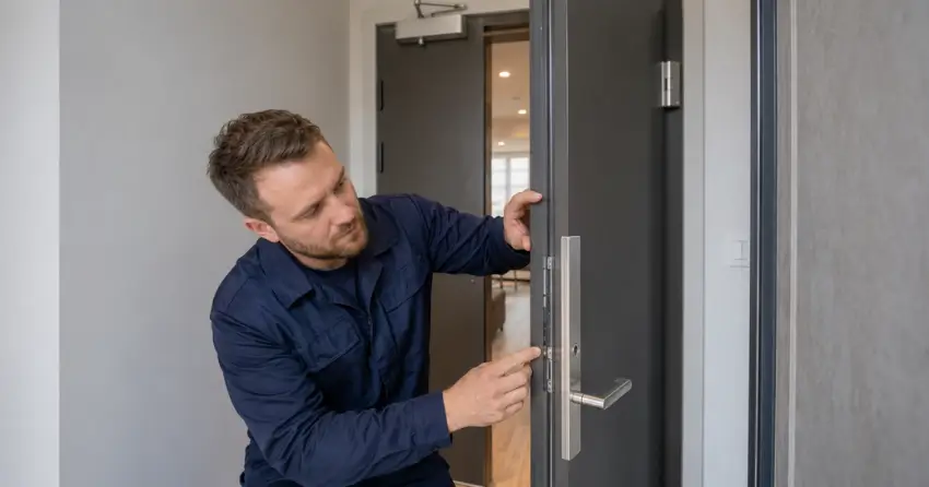 technician inspecting fire-rated door seal and hardware in Gates of Nobleton, Nobleton