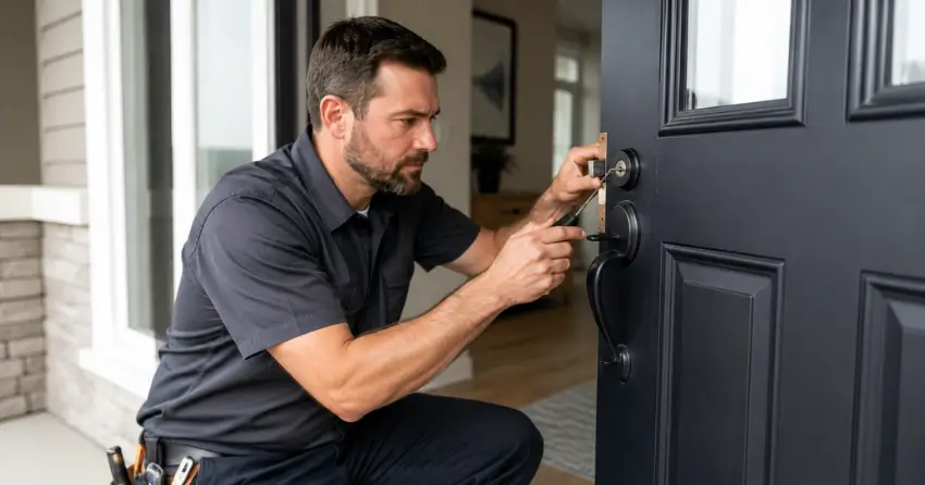 licensed locksmith technician working on residential deadbolt in Nobleton
