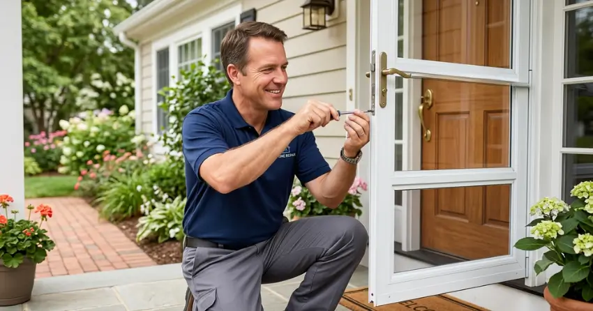 technician adjusting storm door hinge and closer in Nobleton