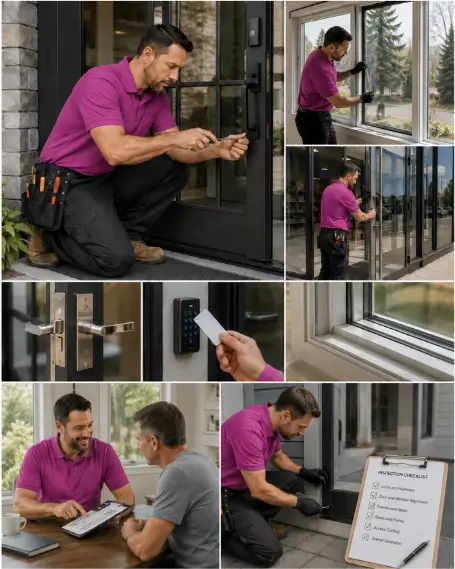 A technician checking a door closer during a commercial service visit